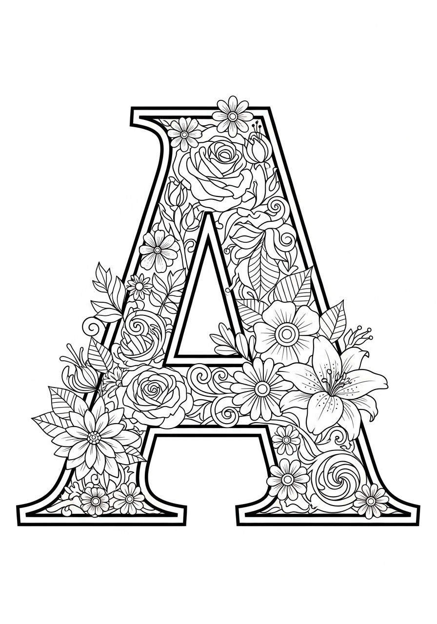 Desenho da Letra A com flores para colorir