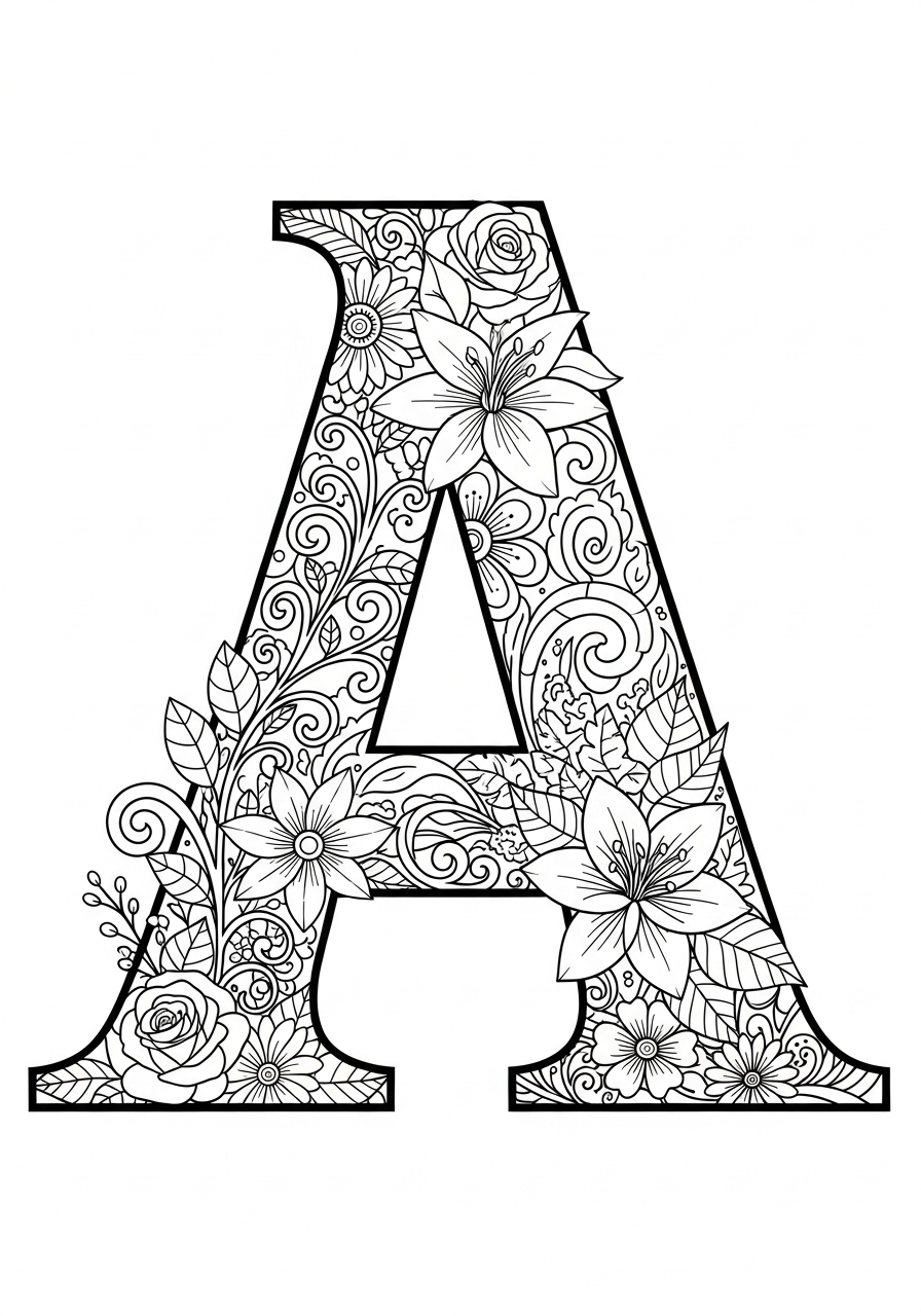 Desenho da Letra A com flores para colorir
