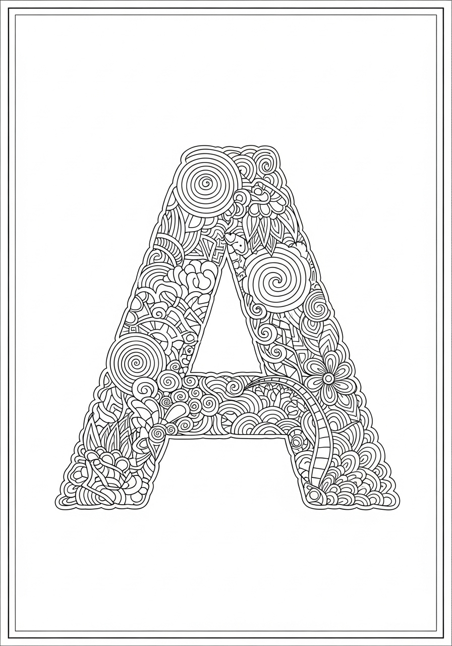Letra A com desenhos florais intrincados para colorir