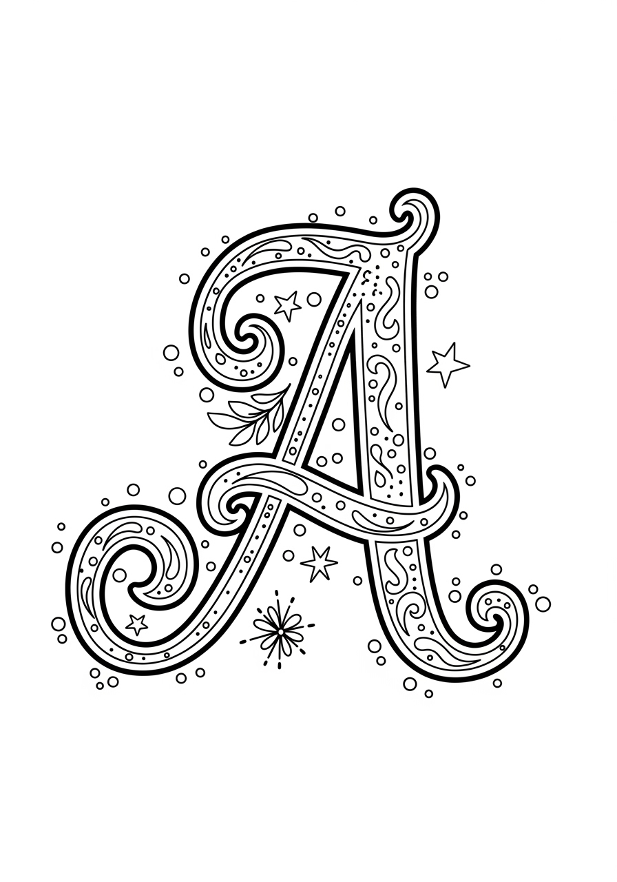 Desenho da Letra A decorada com estrelas e arabescos