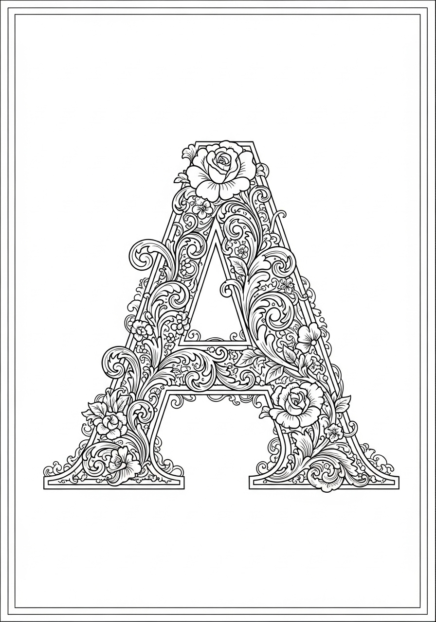 Desenho da Letra A com flores ornamentais colorir