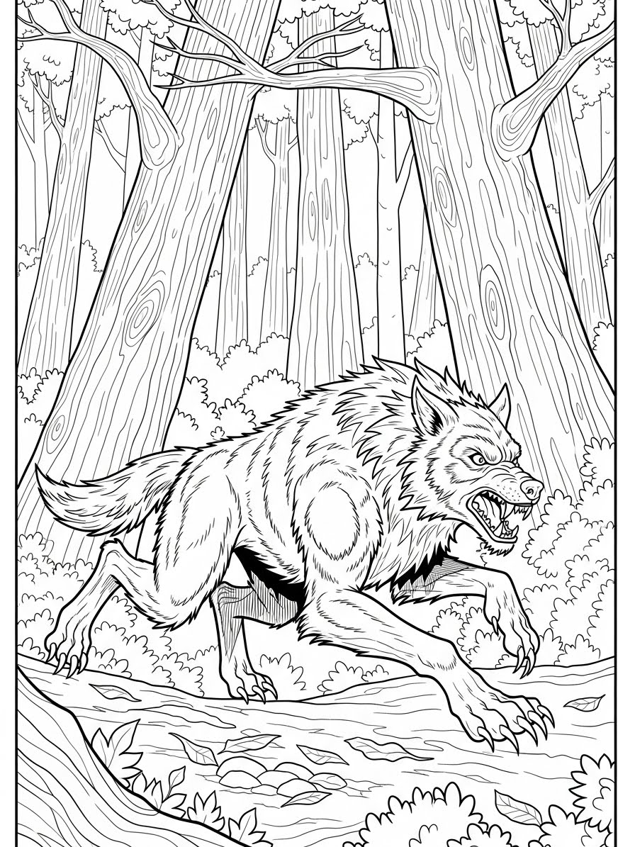 Desenho de Lobisomem realista em floresta para colorir