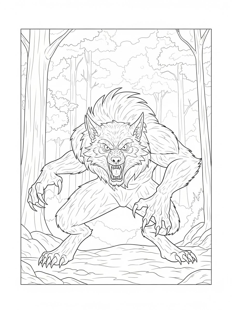 Desenho de Lobisomem realista em cenário natural para colorir