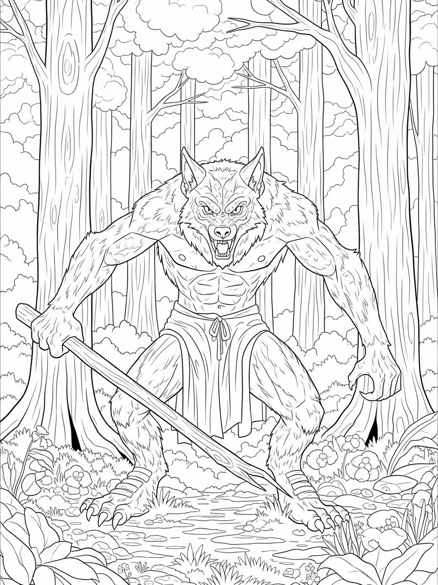 Desenho de Lobisomem realista com espada para colorir