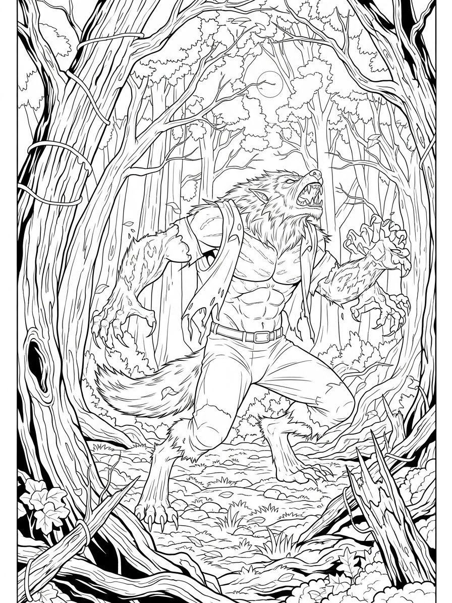 Desenho de Lobisomem realista em floresta para colorir