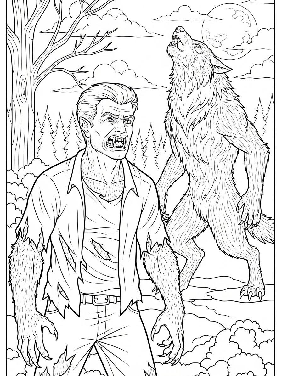 Desenho de Lobisomem feroz e homem para colorir