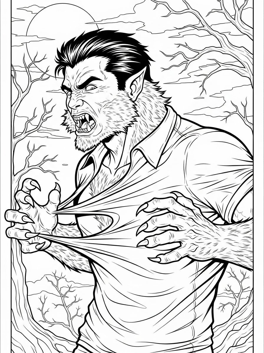Desenho de Lobisomem realista e assustador para colorir