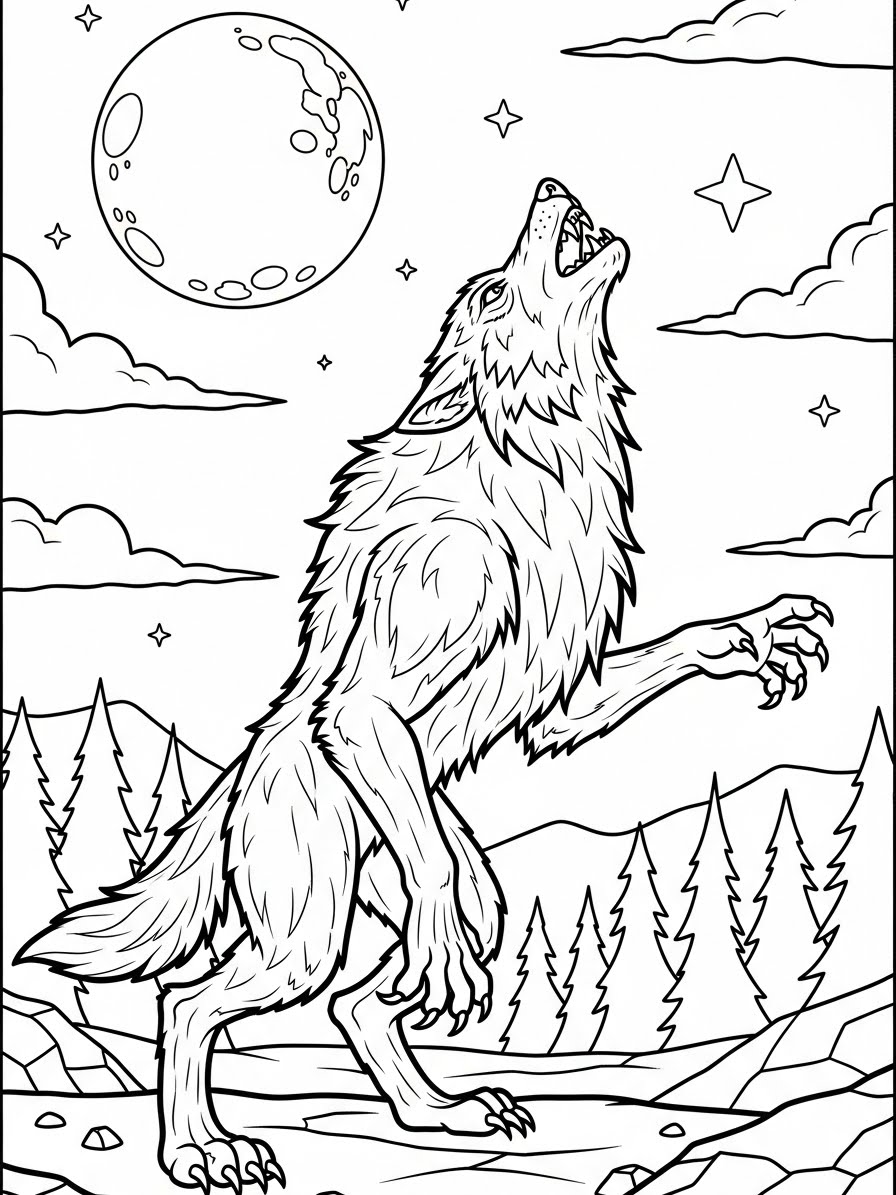 Desenho de Lobisomem realista ao luar para colorir