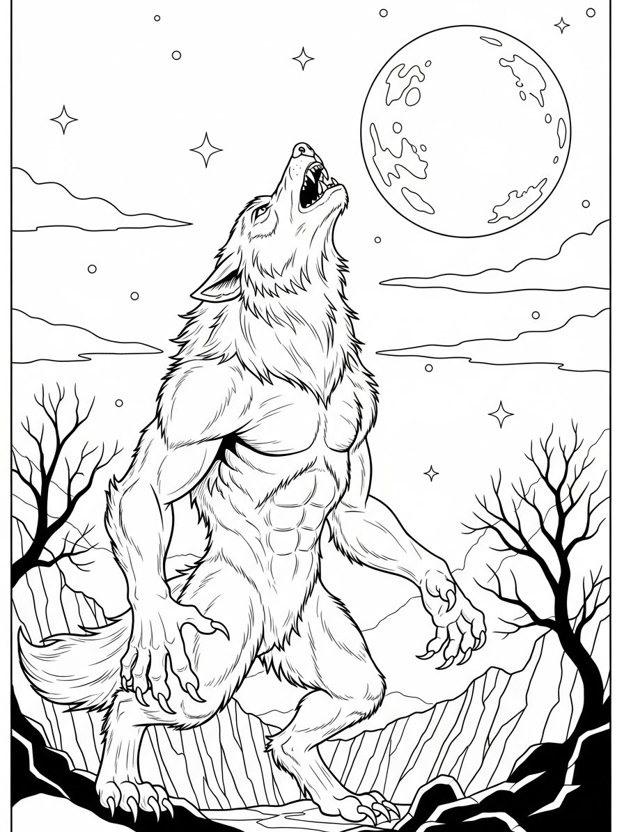 Desenho de Lobisomem realista com lua e paisagem para colorir