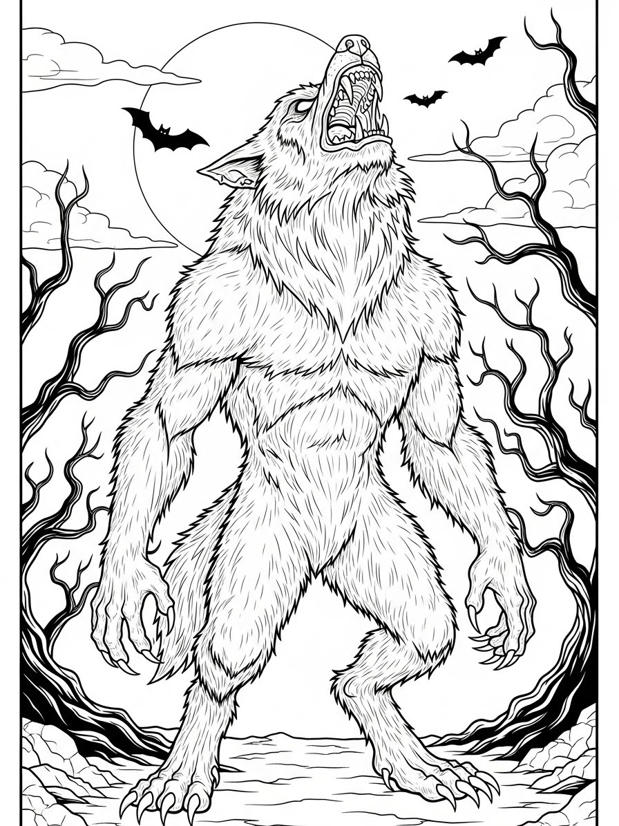 Desenho de Lobisomem realista em pose de ataque para colorir