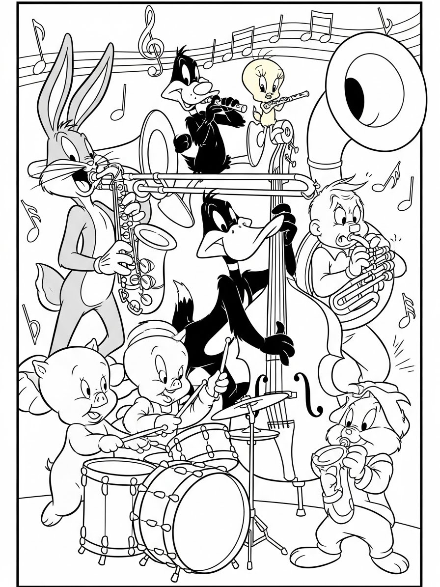 Desenho Looney Tunes com personagens tocando instrumentos