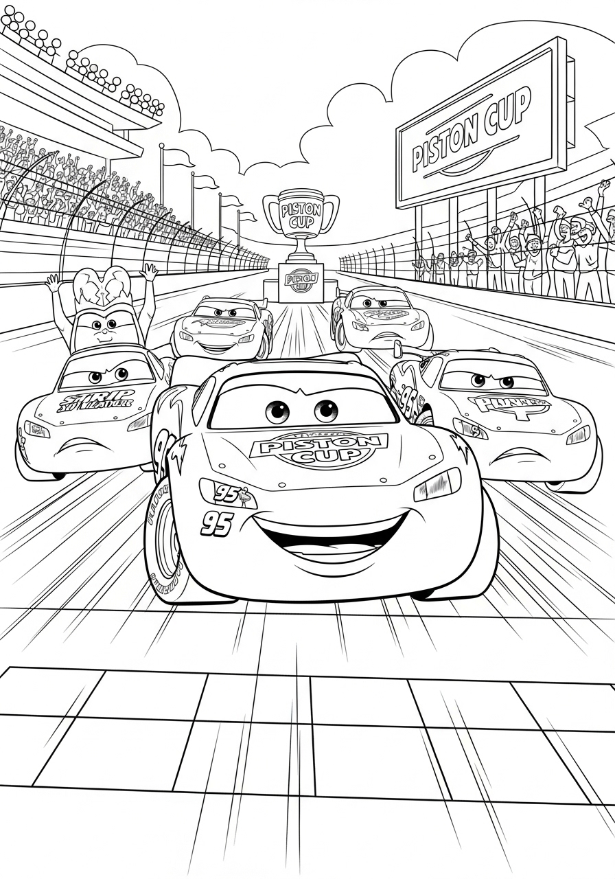 Desenho do Relâmpago MCQueen na corrida da Piston Cup para colorir