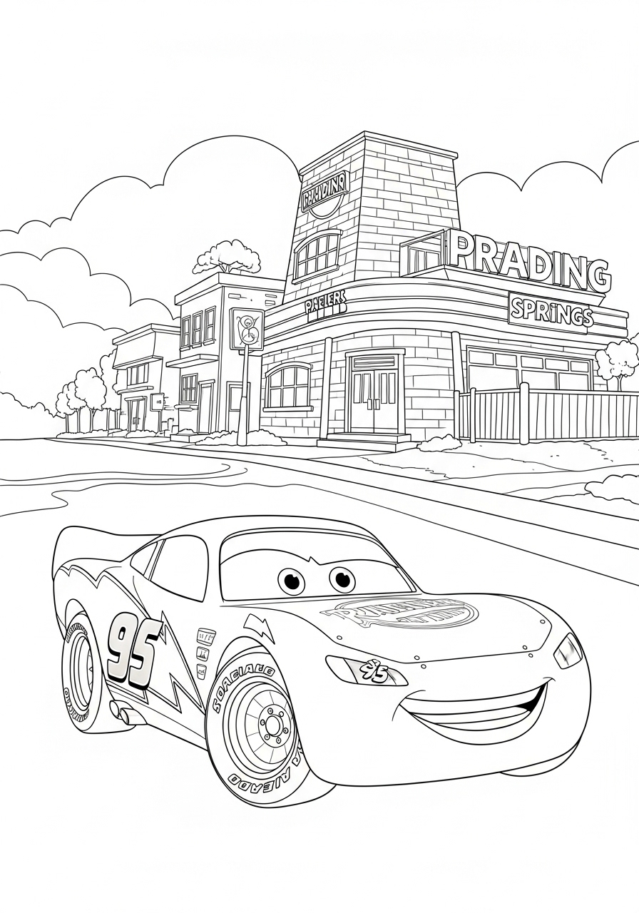 Desenho do Relâmpago MCQueen na cidade para colorir