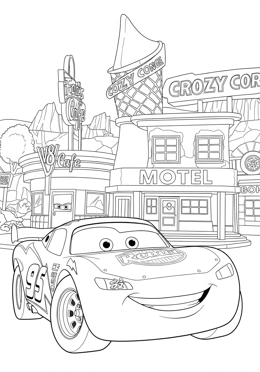 Desenho do Relâmpago MCQueen em frente ao motel para colorir