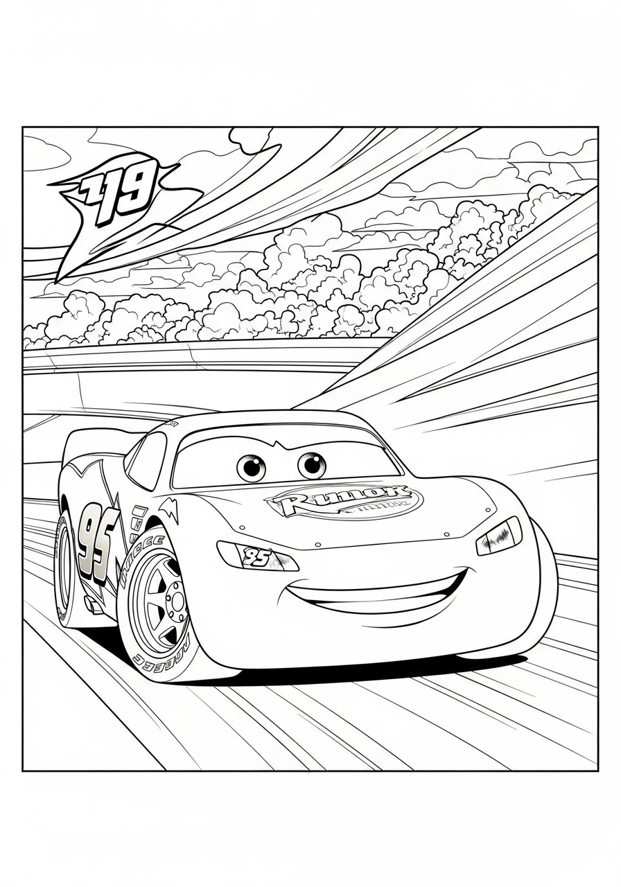 Desenho do Relâmpago MCQueen sorrindo na pista para colorir