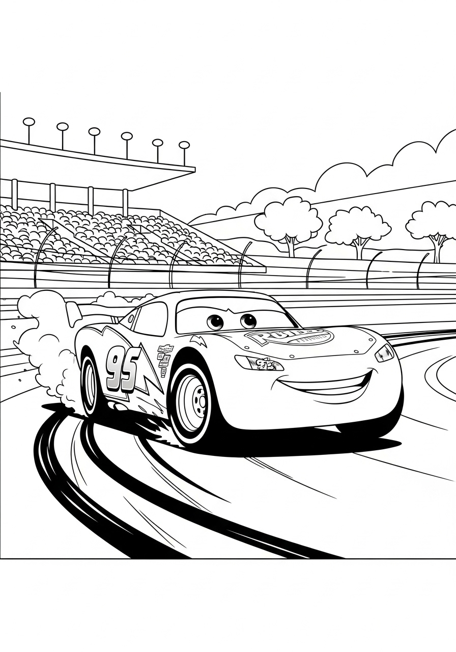 Desenho do Relâmpago MCQueen na corrida para colorir