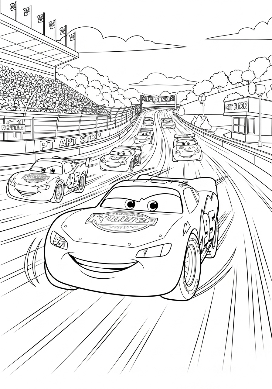 Desenho do Relâmpago MCQueen em uma corrida cheia de carros