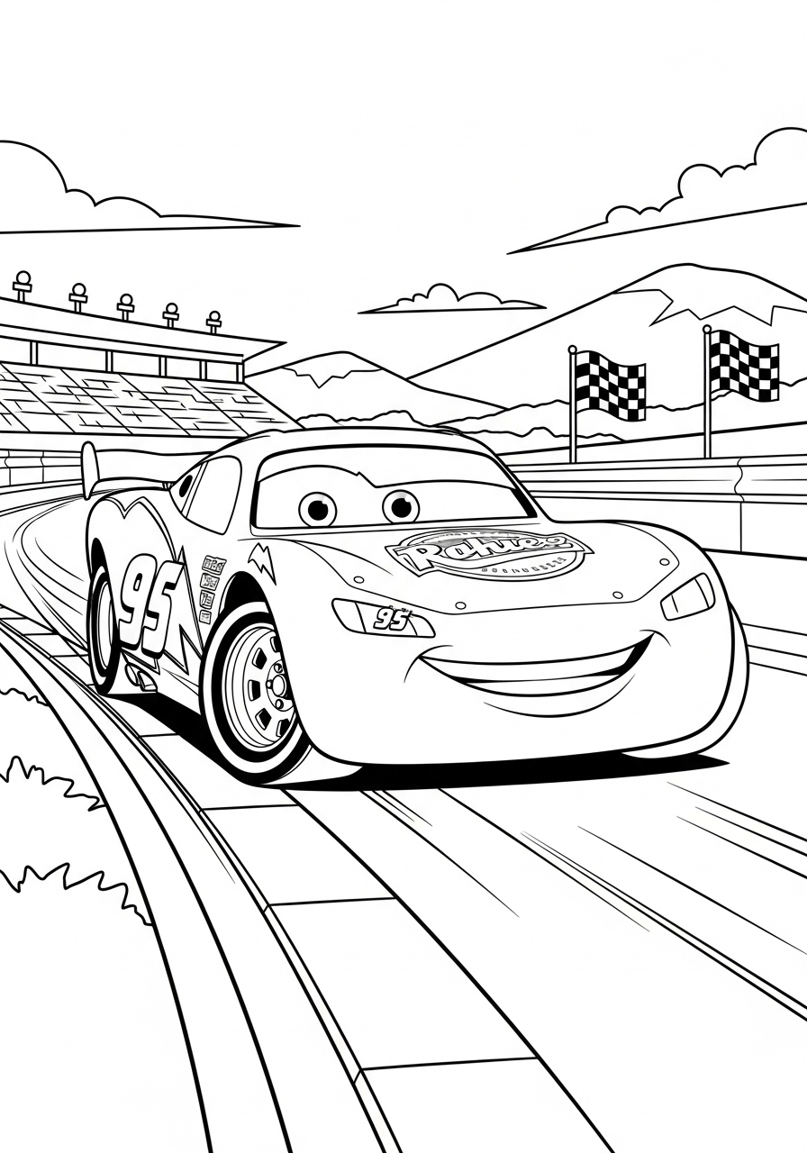 Desenho do Relâmpago MCQueen em uma corrida para colorir
