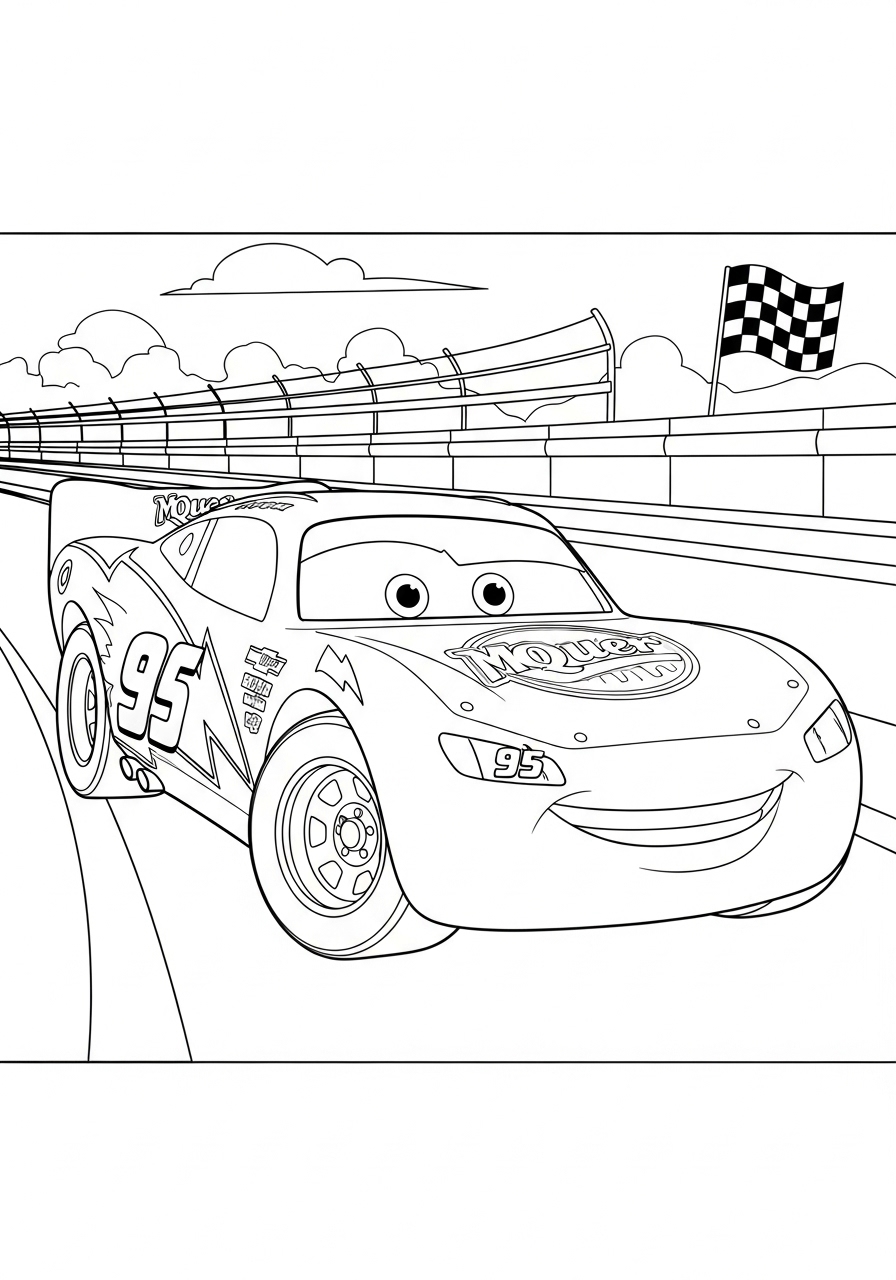 Desenho do Relâmpago MCQueen em pista de corrida para colorir
