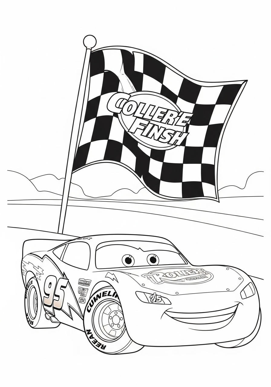 Desenho do Relâmpago MCQueen segurando bandeira de chegada