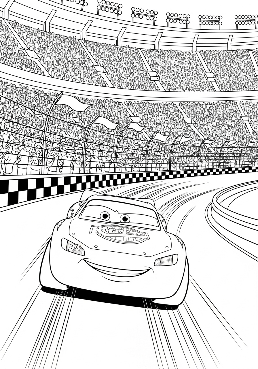 Desenho do Relâmpago MCQueen acelerando na pista para colorir