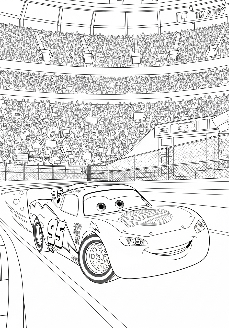 Desenho do Relâmpago MCQueen na pista com torcida para colorir