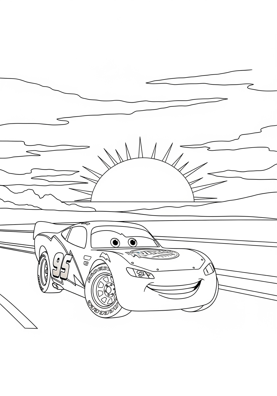 Desenho do Relâmpago MCQueen em frente ao nascer do sol