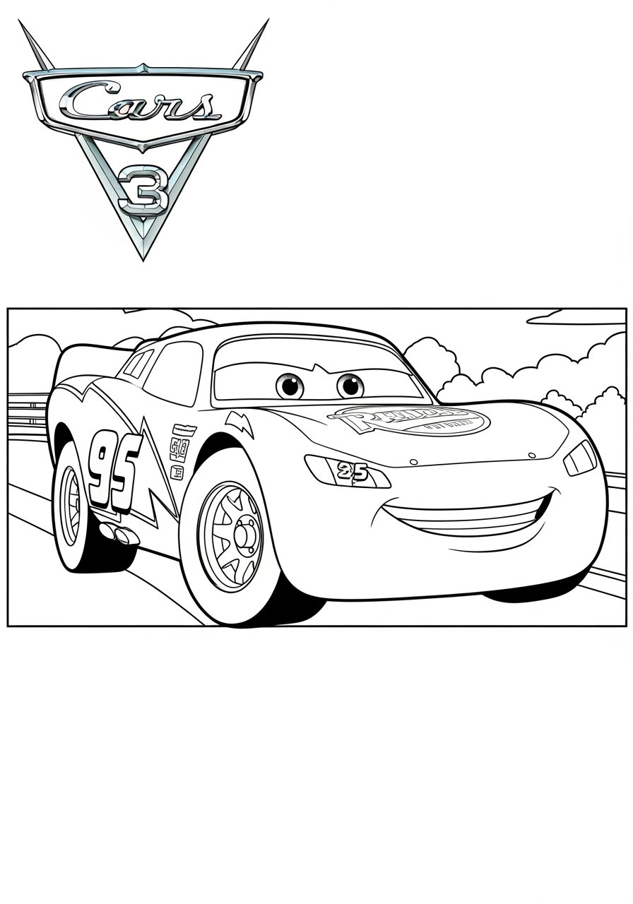 Desenho do Relâmpago MCQueen sorrindo na pista para colorir