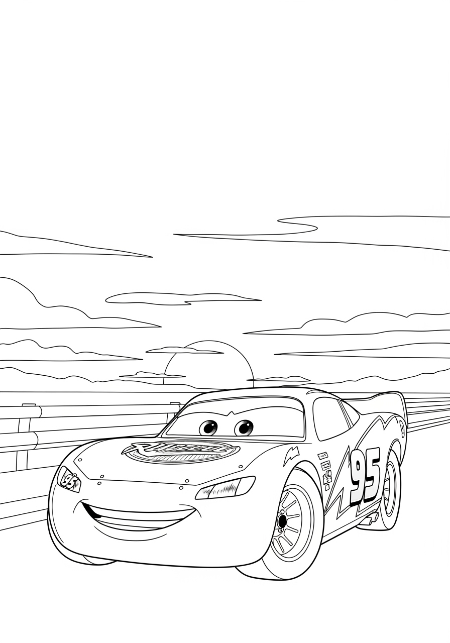 Desenho do Relâmpago MCQueen feliz na pista para colorir