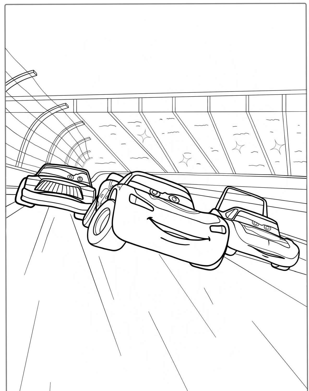 Desenho do Relâmpago MCQueen em corrida com outros carros