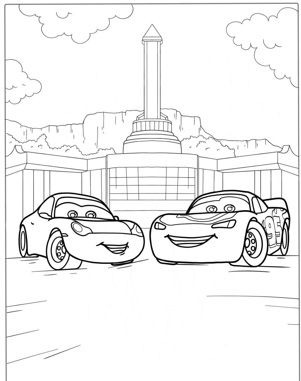 Desenho do Relâmpago MCQueen com amigos na pista de corrida