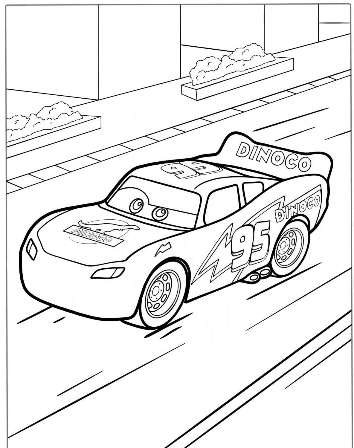 Desenho do Relâmpago MCQueen na pista para colorir
