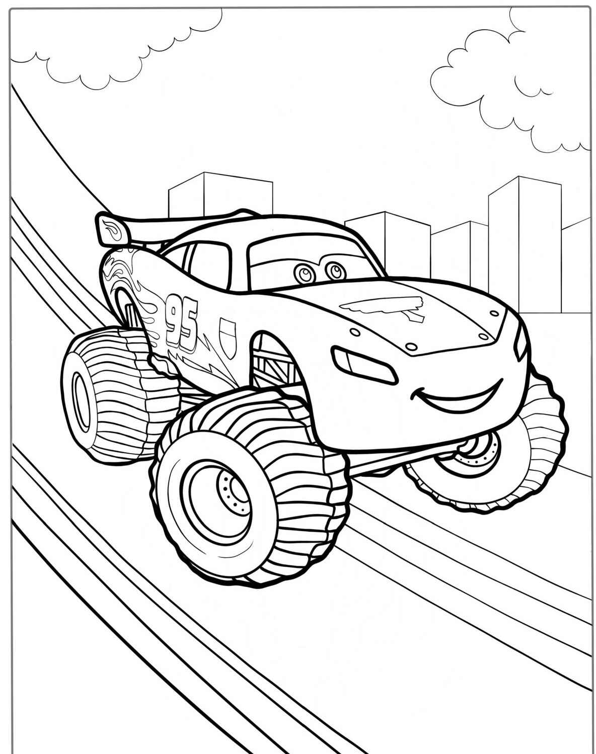 Desenho do Relâmpago MCQueen em uma pista com obstáculos