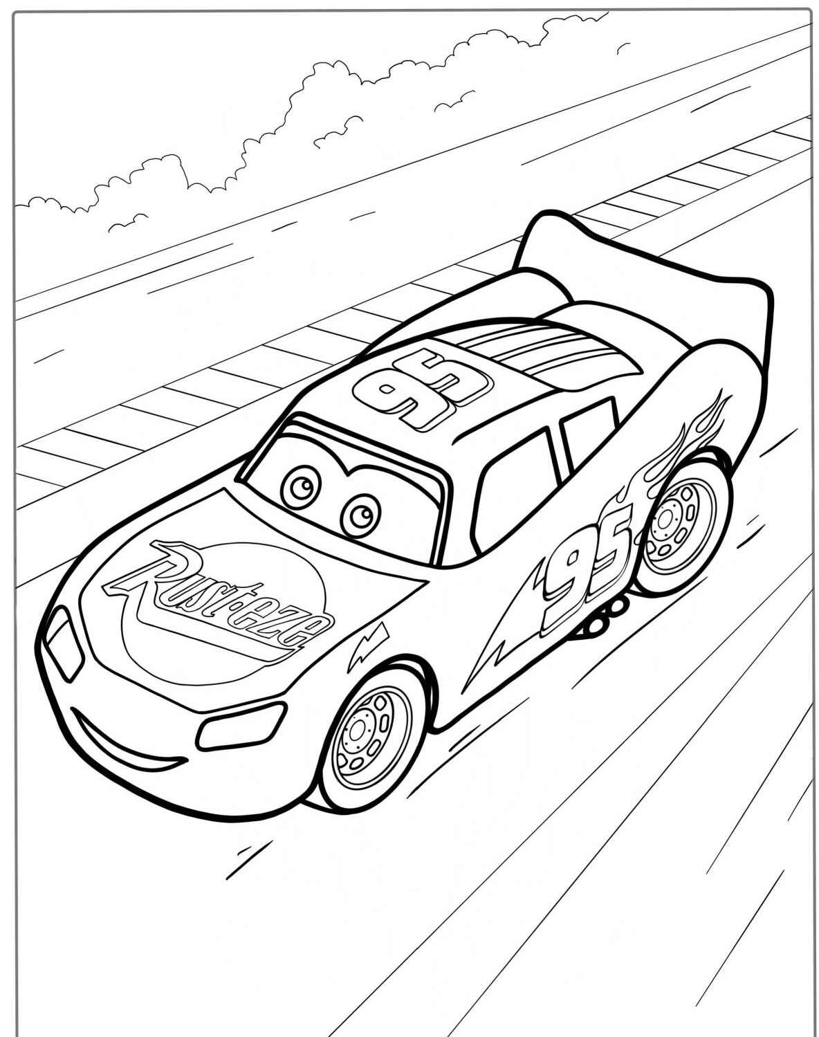 Desenho do Relâmpago MCQueen acelerando na pista para colorir