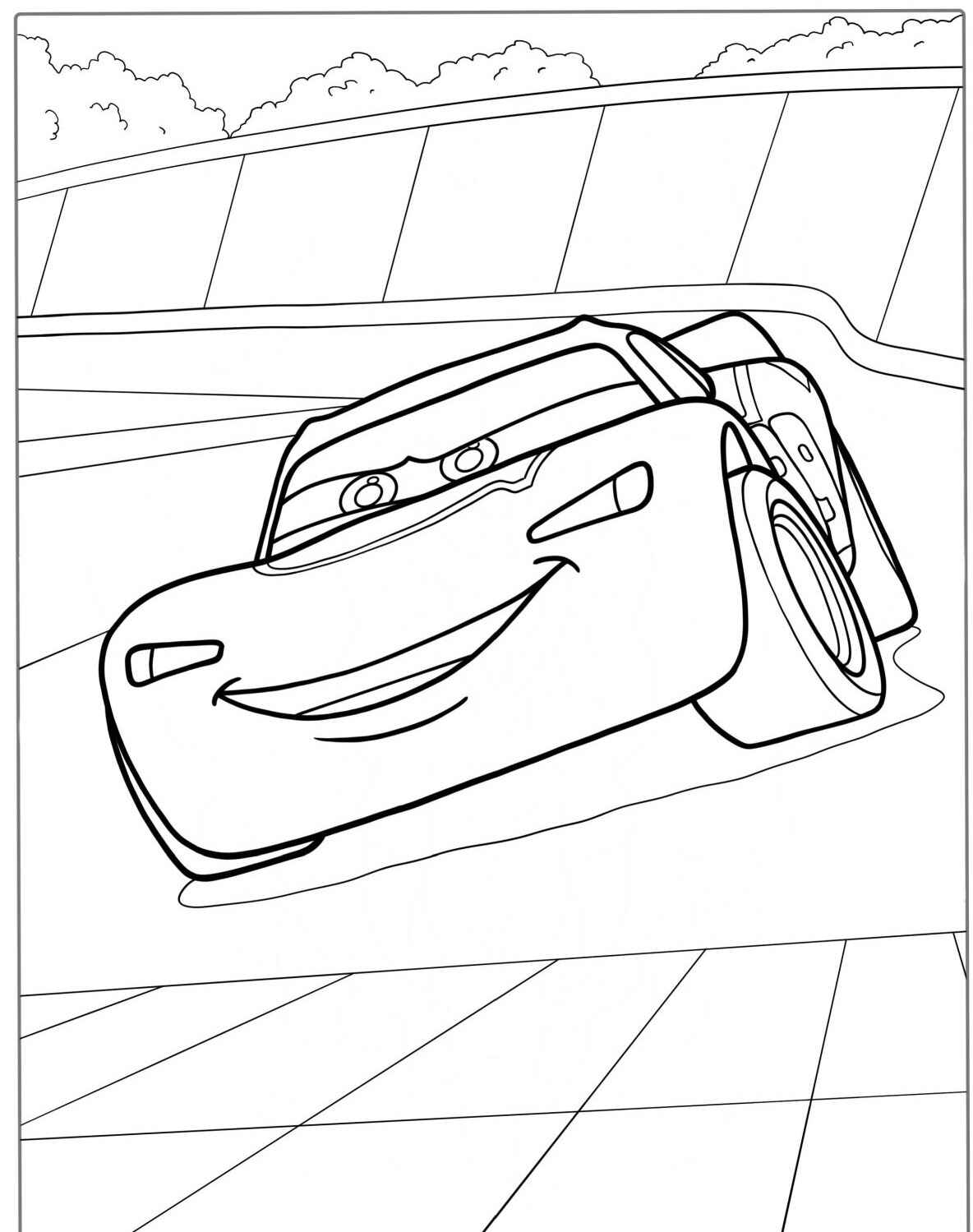 Desenho do Relâmpago MCQueen acelerando na pista para colorir
