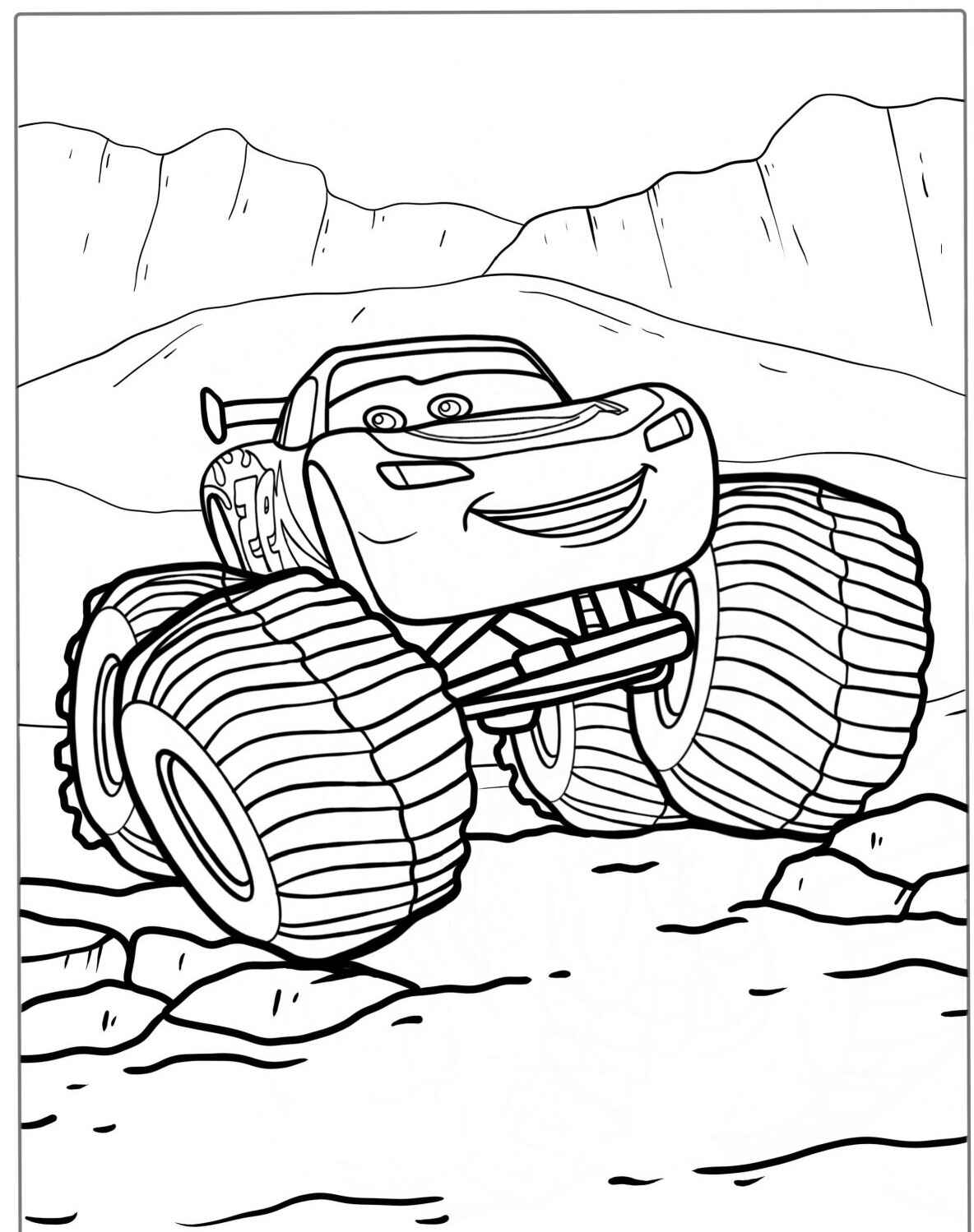 Desenho do Relâmpago MCQueen com pneus gigantes para colorir