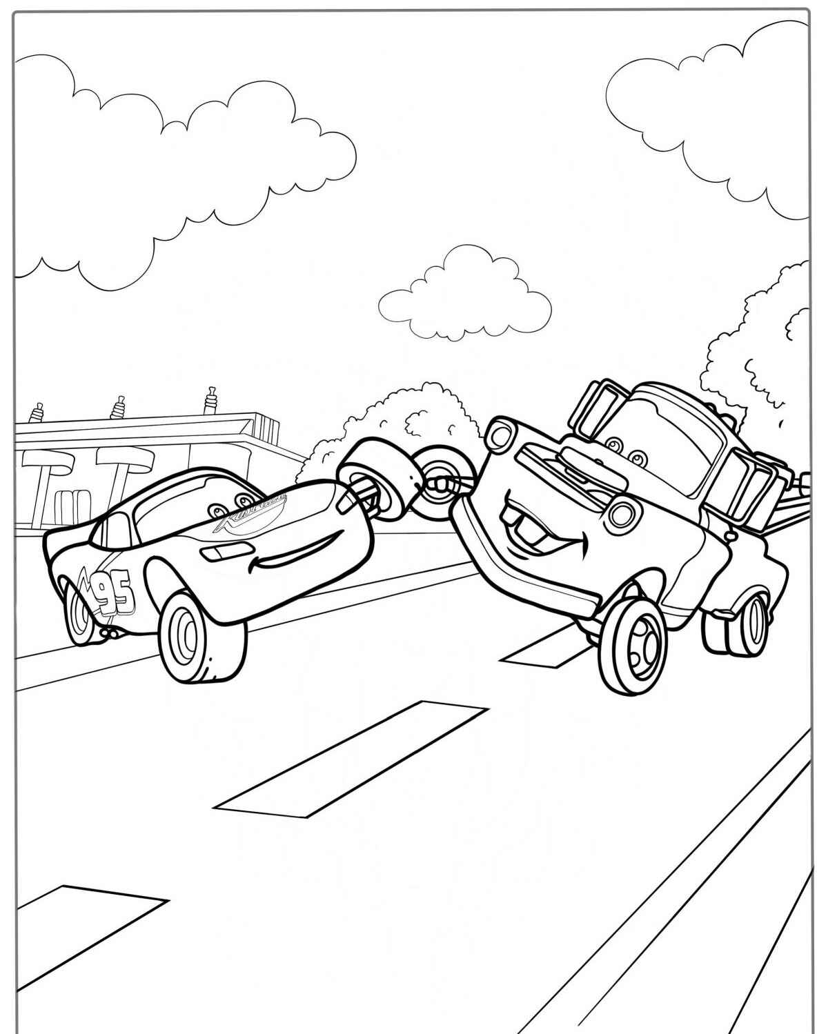 Desenho do Relâmpago MCQueen e Mate se divertindo na estrada