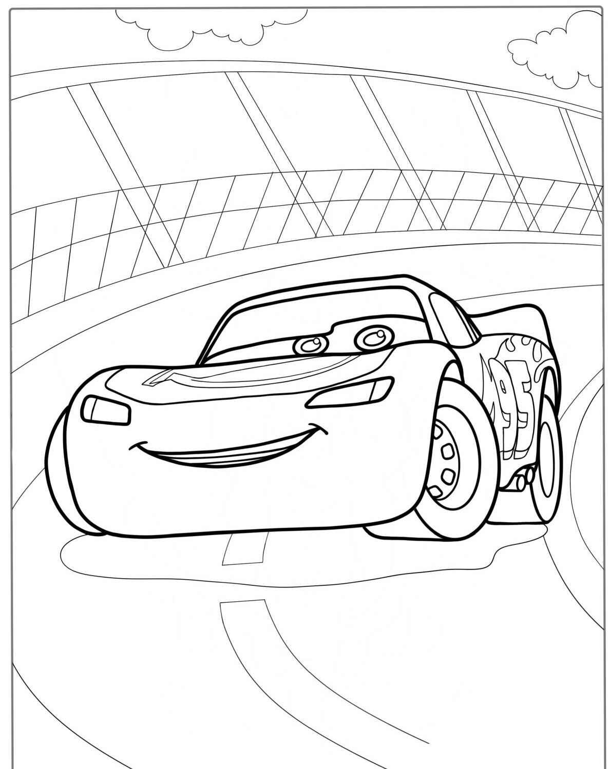 Desenho do Relâmpago MCQueen em uma pista para colorir