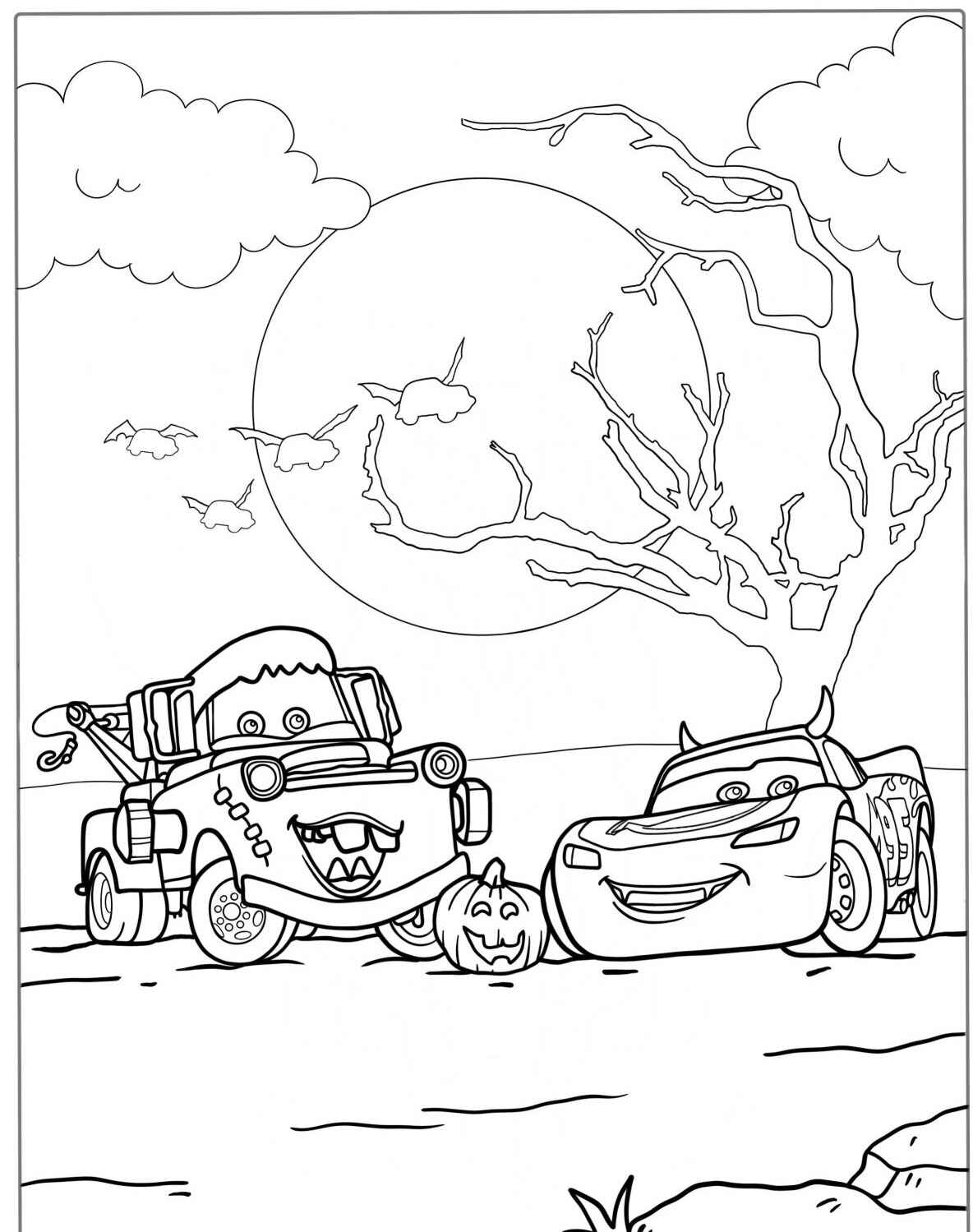 Desenho do Relâmpago MCQueen e Mater em noite de Halloween