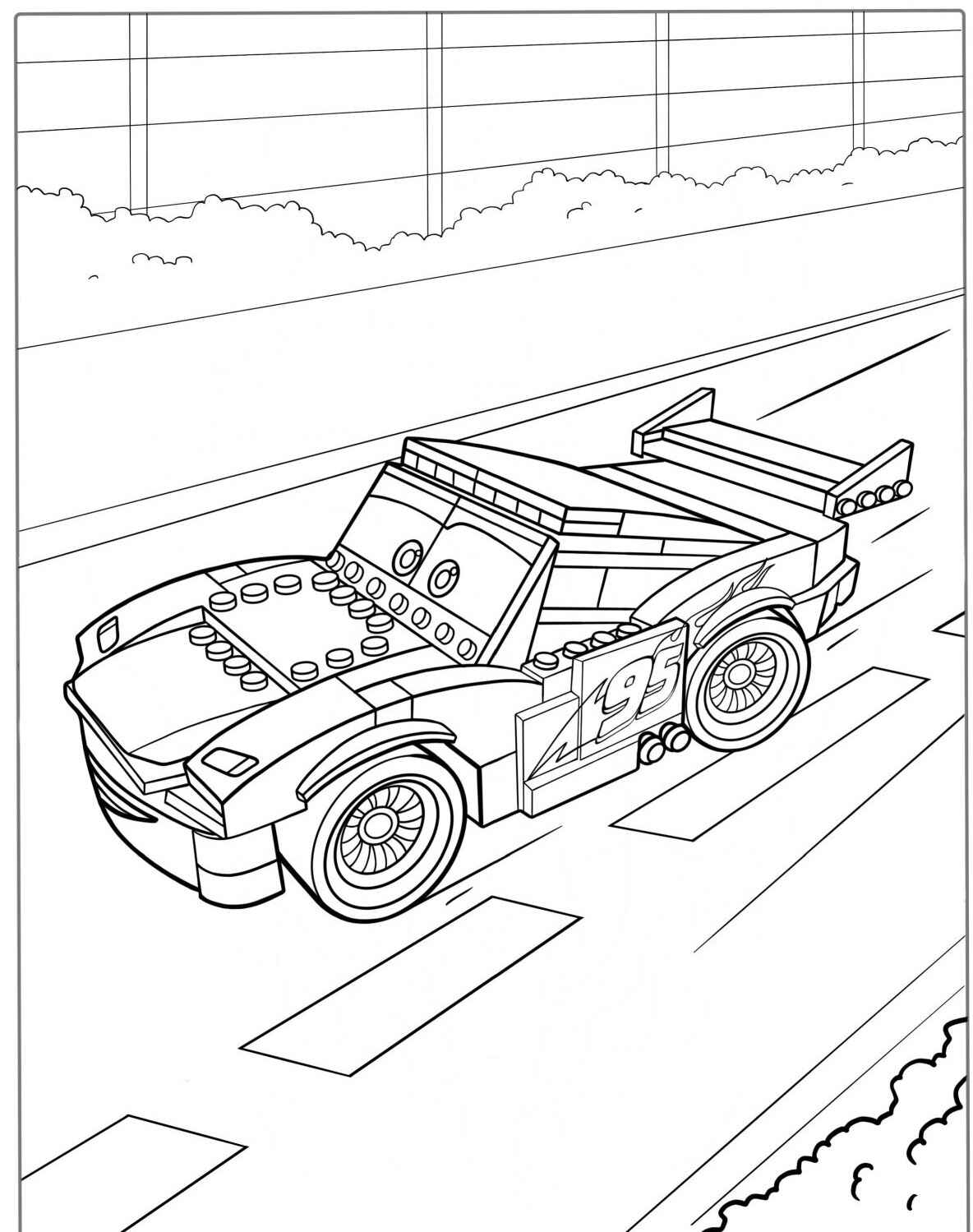 Desenho do Relâmpago MCQueen em movimento na pista para colorir