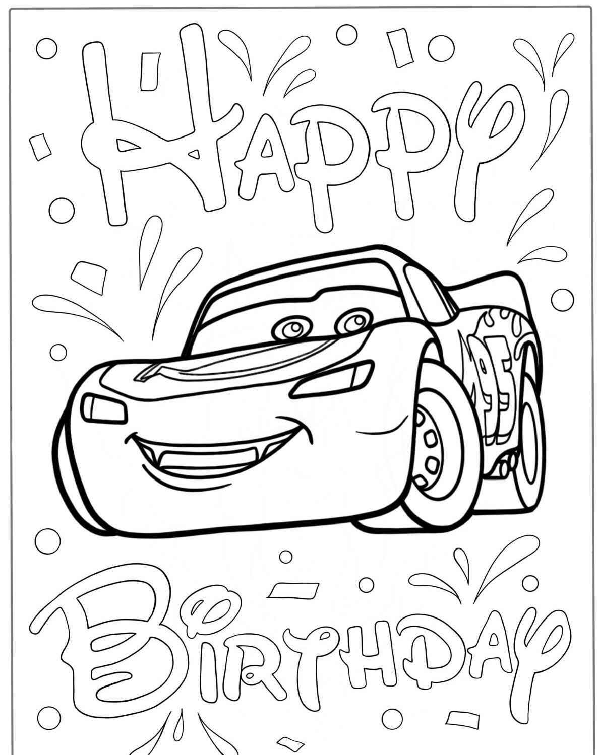 Desenho do Relâmpago MCQueen com tema de aniversario para colorir