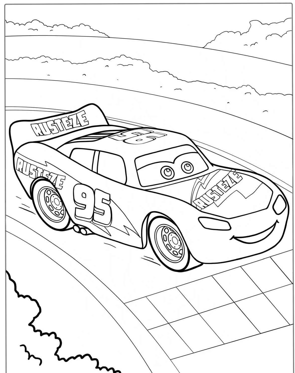 Desenho do Relâmpago MCQueen em uma pista para colorir