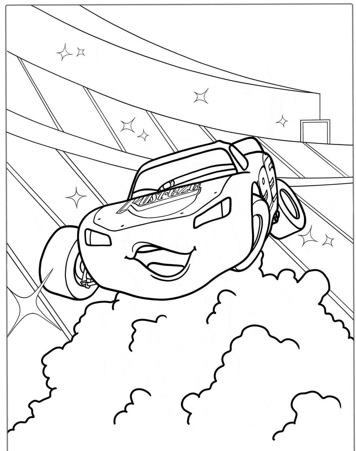 Desenho do Relâmpago MCQueen saltando entre nuvens para colorir