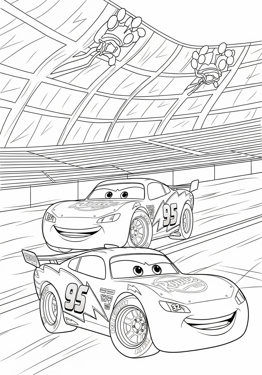 Desenho do Relâmpago MCQueen e amigos na corrida para colorir
