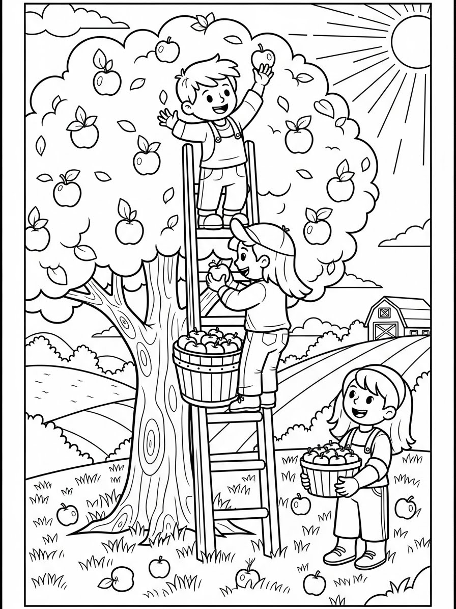 Desenho de Maça com Crianças Colhendo para colorir