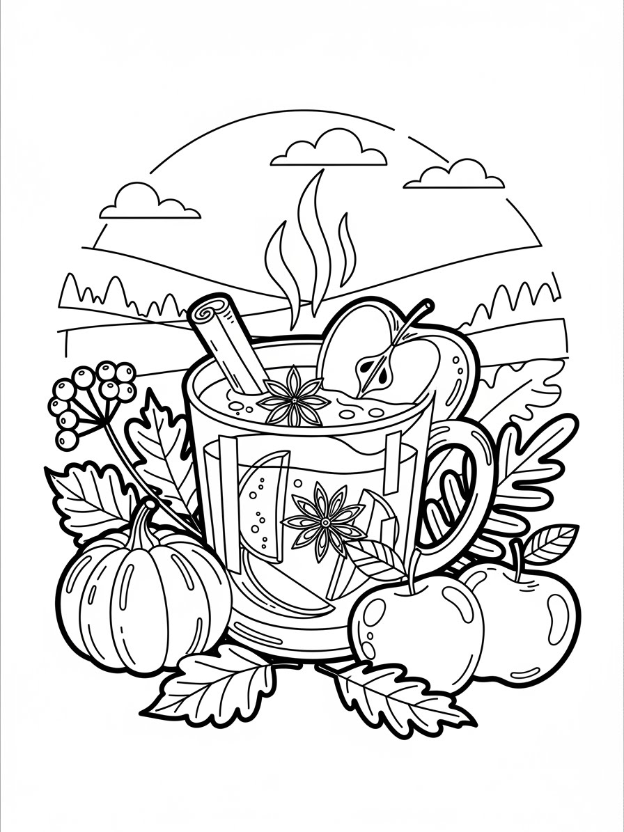 Desenho de Maça Fofa com Canela e Vegetais para colorir