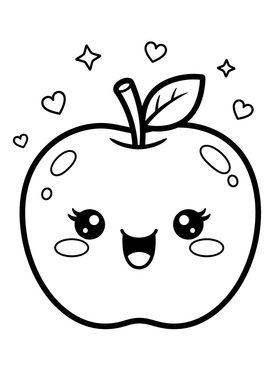 Desenho de Maça Fofa com rostinho sorridente para colorir
