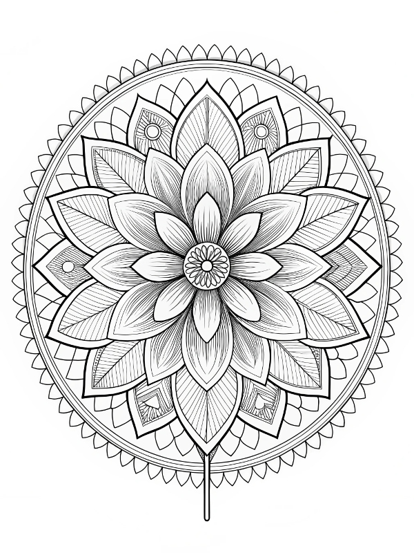 Desenho de Mandala floral com folhas e pétalas para colorir