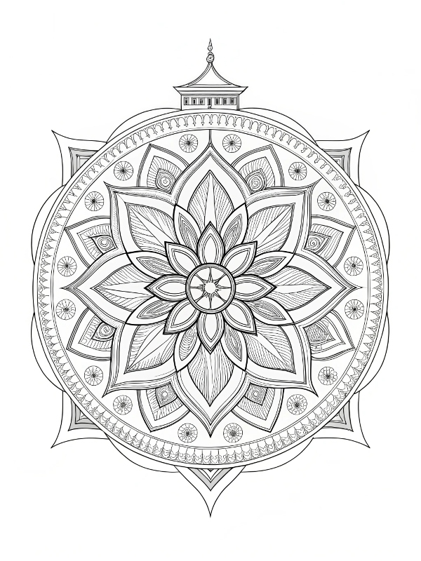 Desenho de Mandala com flor e detalhes geométricos para colorir