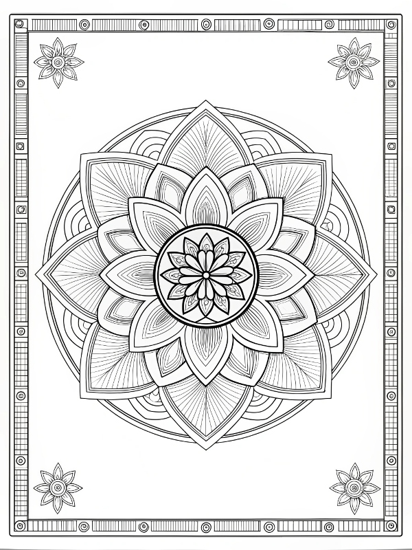 Desenho de Mandala Floral com Padrões para Colorir